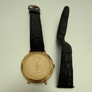 Vintage Pierre Cardin Swiss Quartz Analog Dress Watch Gold Case Black Leather